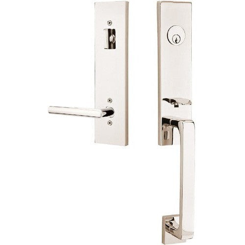 Emtek Davos Tubular Entrance Handleset With Stuttgart Lever in Lifetime Polished Nickel finish