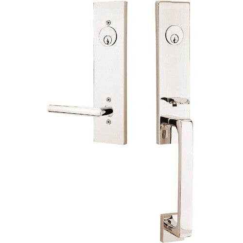 Emtek Davos Tubular Entrance Handleset With Stuttgart Lever in Lifetime Polished Nickel finish