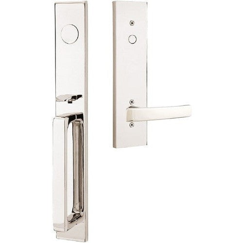 Emtek Dummy Lausanne Tubular Entrance Handleset with Geneva Lever in Lifetime Polished Nickel finish