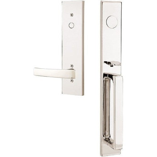 Emtek Dummy Lausanne Tubular Entrance Handleset with Geneva Lever in Lifetime Polished Nickel finish