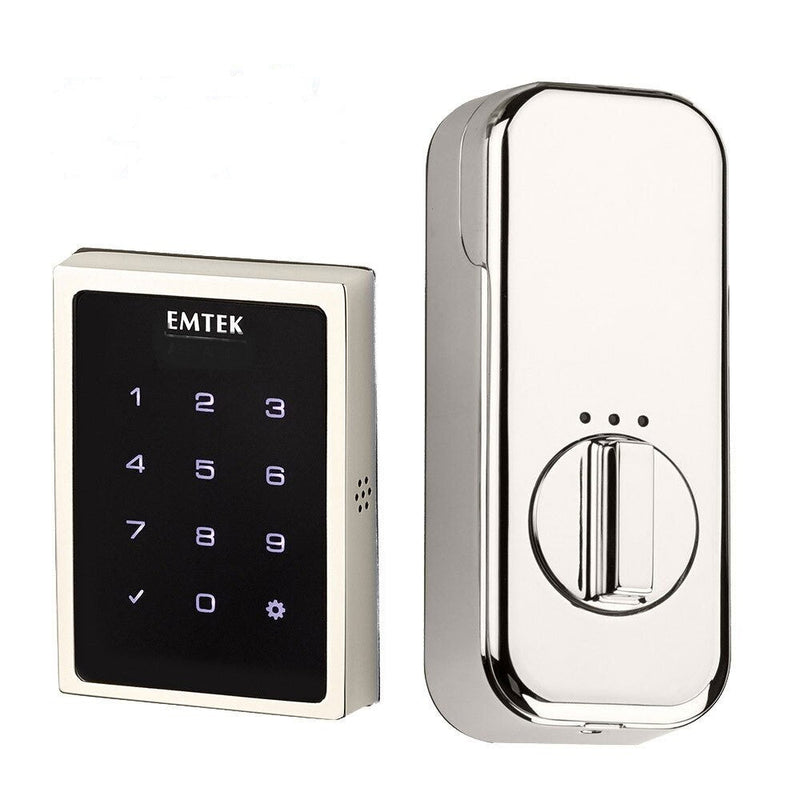 The Emtek Electronic EMPowered Motorized Touchscreen Keypad Deadbolt in Lifetime Polished Nickel finish