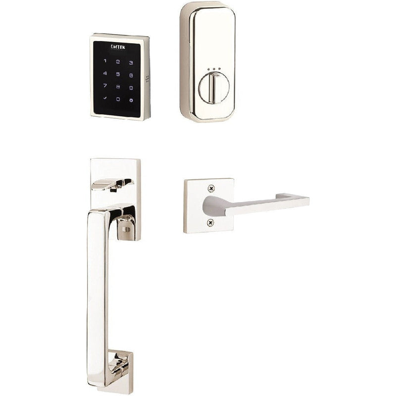 The Emtek Electronic EMPowered Motorized Touchscreen Keypad Entry Set With Baden Grip and Argos Lever in Lifetime Polished Nickel finish