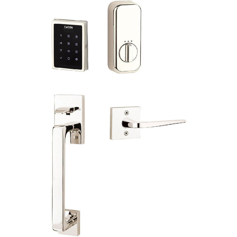 The Emtek Electronic EMPowered Motorized Touchscreen Keypad Entry Set With Baden Grip and Athena Lever in Lifetime Polished Nickel finish