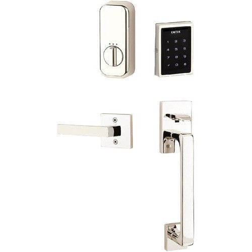 The Emtek Electronic EMPowered Motorized Touchscreen Keypad Entry Set With Baden Grip and Dumont Lever in Lifetime Polished Nickel finish