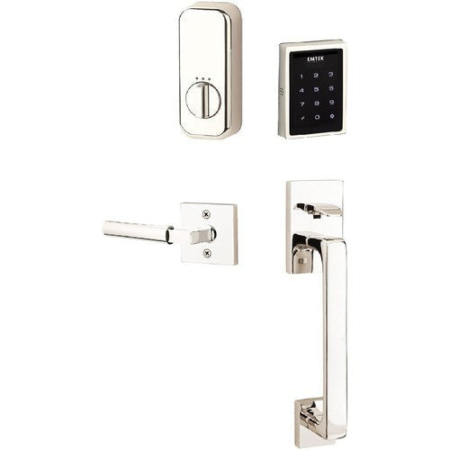 The Emtek Electronic EMPowered Motorized Touchscreen Keypad Entry Set With Baden Grip and Hercules Lever in Lifetime Polished Nickel finish