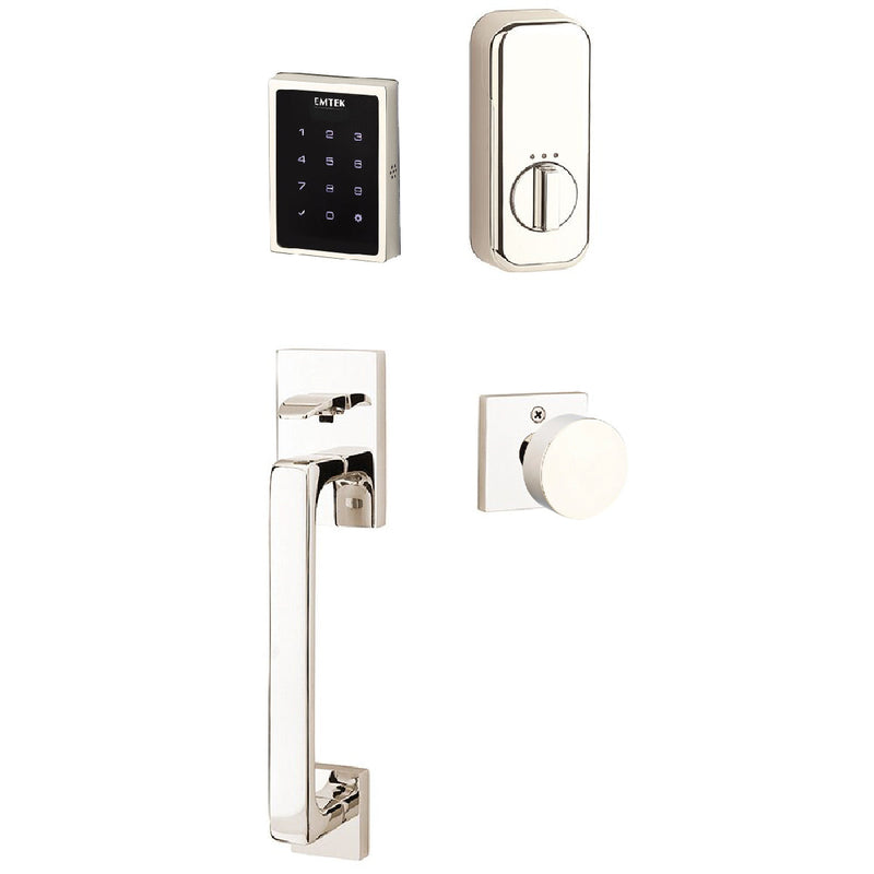 The Emtek Electronic EMPowered Motorized Touchscreen Keypad Entry Set With Baden Grip and Round Knob in Lifetime Polished Nickel finish