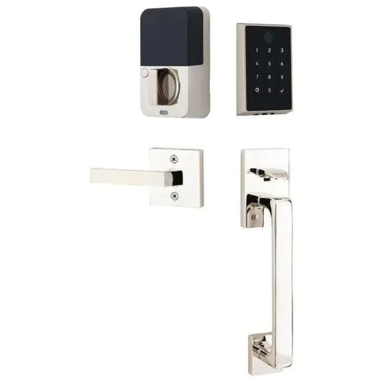 The Emtek EMPowered 2 Touch Entry Set with Baden Grip and Interior Dumont Lever in Lifetime Polished Nickel finish.