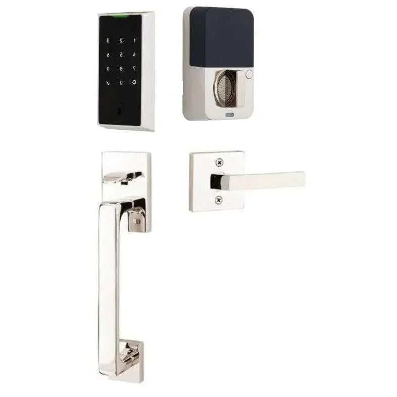 The Emtek EMPowered 2 Touch Entry Set with Baden Grip and Interior Dumont Lever in Lifetime Polished Nickel finish.