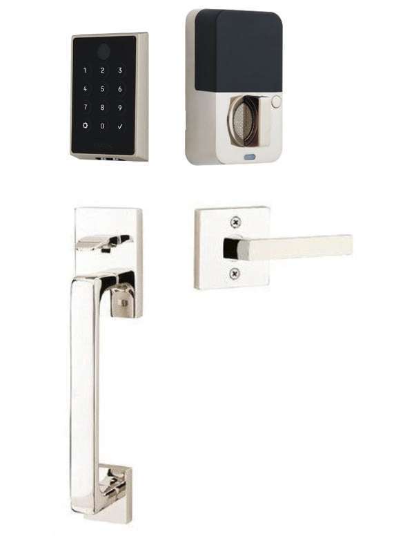 The Emtek EMPowered 2 Touch Entry Set with Baden Grip and Interior Dumont Lever in Lifetime Polished Nickel finish.