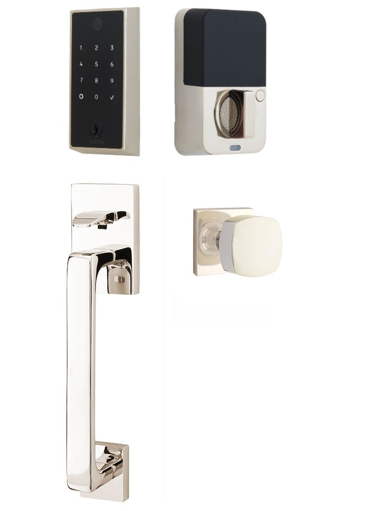 The Emtek EMPowered 2 Touch Entry Set with Baden Grip and Interior Freestone Knob in Lifetime Polished Nickel finish.