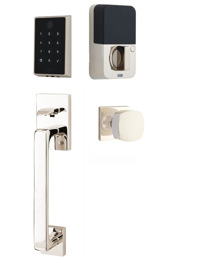 The Emtek EMPowered 2 Touch Entry Set with Baden Grip and Interior Freestone Knob in Lifetime Polished Nickel finish.