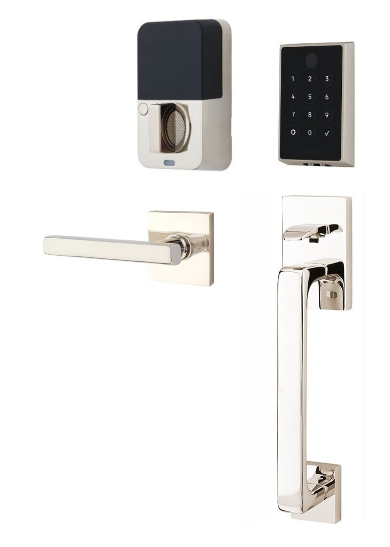 The Emtek EMPowered 2 Touch Entry Set with Baden Grip and Interior Freestone Lever in Lifetime Polished Nickel finish.