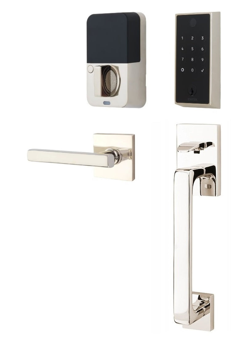 The Emtek EMPowered 2 Touch Entry Set with Baden Grip and Interior Freestone Lever in Lifetime Polished Nickel finish.