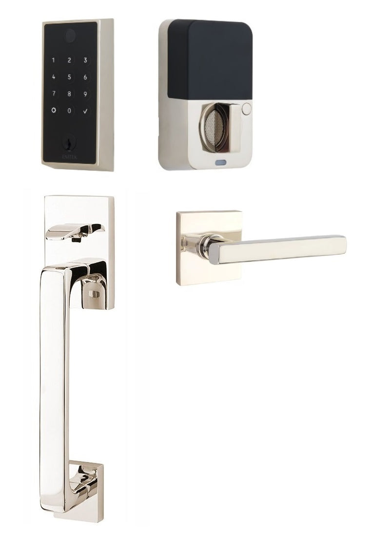 The Emtek EMPowered 2 Touch Entry Set with Baden Grip and Interior Freestone Lever in Lifetime Polished Nickel finish.