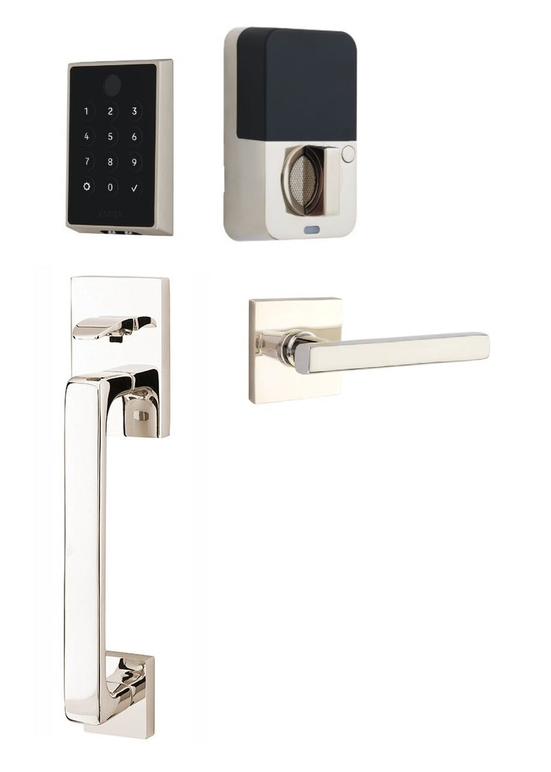 The Emtek EMPowered 2 Touch Entry Set with Baden Grip and Interior Freestone Lever in Lifetime Polished Nickel finish.