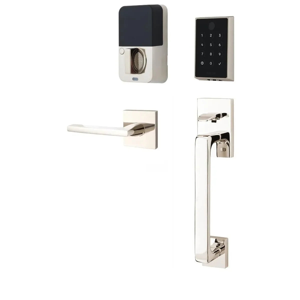 The Emtek EMPowered 2 Touch Entry Set with Baden Grip and Interior Helios Lever in Lifetime Polished Nickel finish.