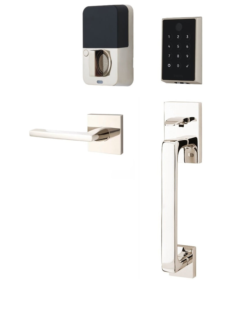 The Emtek EMPowered 2 Touch Entry Set with Baden Grip and Interior Helios Lever in Lifetime Polished Nickel finish.