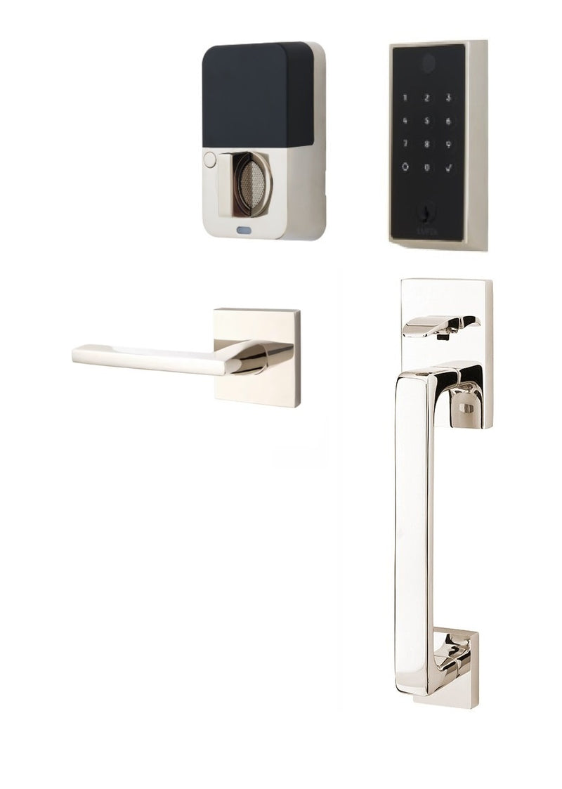 The Emtek EMPowered 2 Touch Entry Set with Baden Grip and Interior Helios Lever in Lifetime Polished Nickel finish.