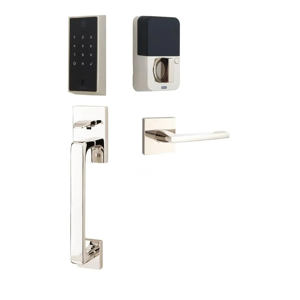 The Emtek EMPowered 2 Touch Entry Set with Baden Grip and Interior Helios Lever in Lifetime Polished Nickel finish.
