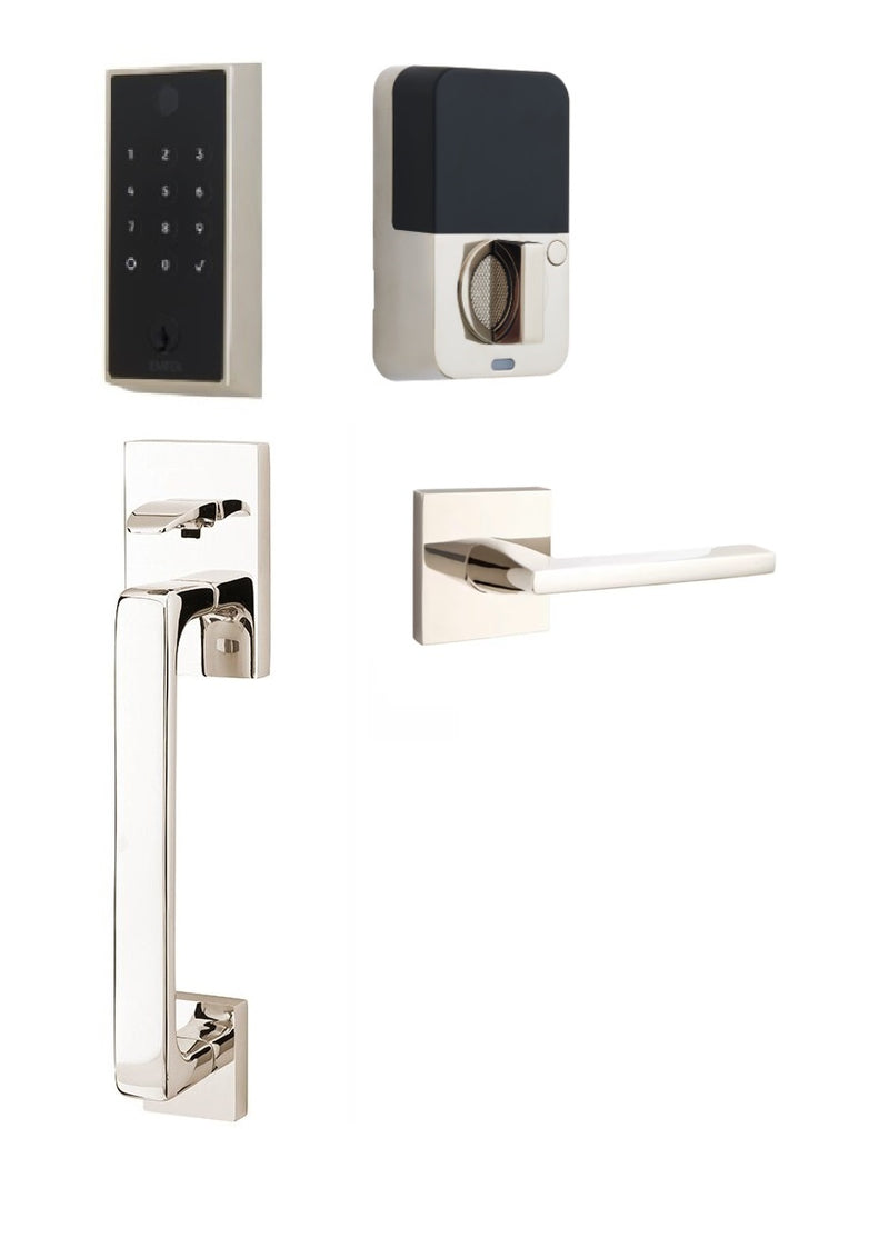 The Emtek EMPowered 2 Touch Entry Set with Baden Grip and Interior Helios Lever in Lifetime Polished Nickel finish.