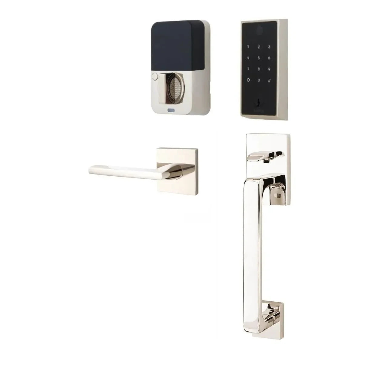 The Emtek EMPowered 2 Touch Entry Set with Baden Grip and Interior Helios Lever in Lifetime Polished Nickel finish.