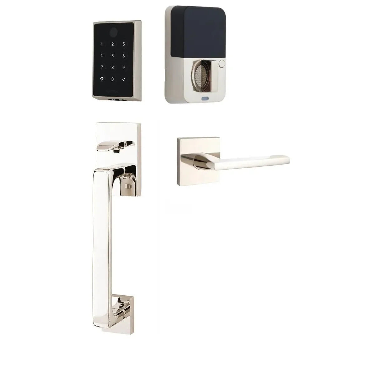 The Emtek EMPowered 2 Touch Entry Set with Baden Grip and Interior Helios Lever in Lifetime Polished Nickel finish.