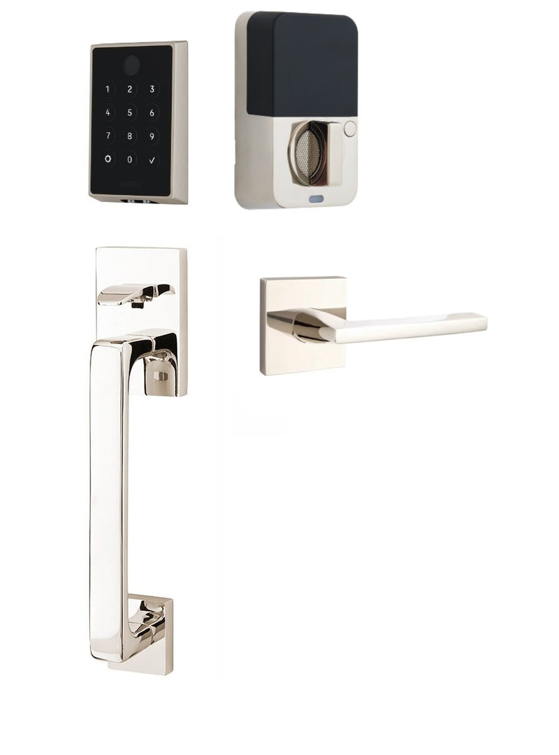 The Emtek EMPowered 2 Touch Entry Set with Baden Grip and Interior Helios Lever in Lifetime Polished Nickel finish.