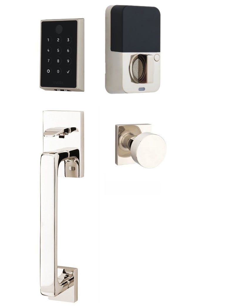 The Emtek EMPowered 2 Touch Entry Set with Baden Grip and Interior Round Knob in Lifetime Polished Nickel finish.