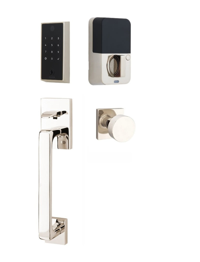 The Emtek EMPowered 2 Touch Entry Set with Baden Grip and Interior Round Knob in Lifetime Polished Nickel finish.