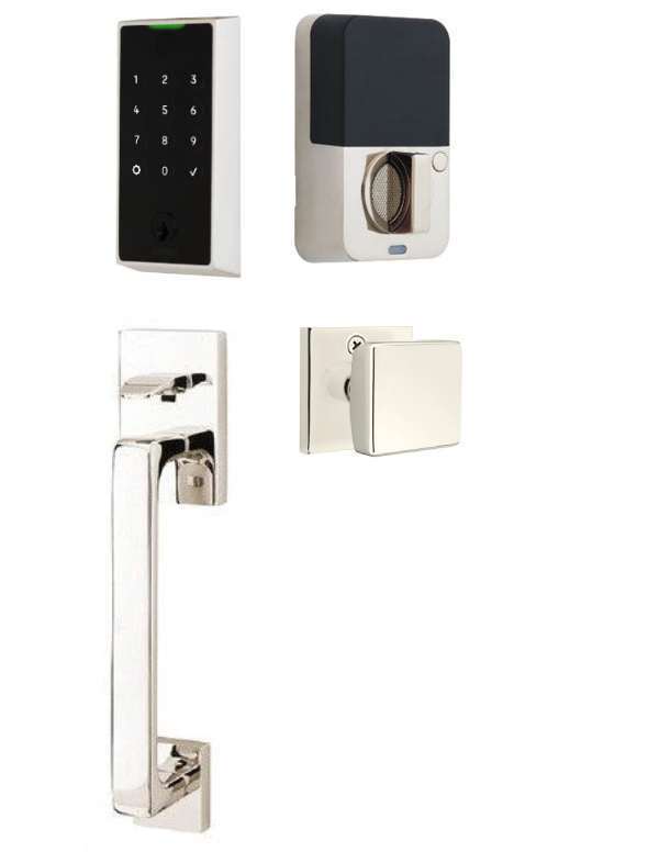 The Emtek EMPowered 2 Touch Entry Set with Baden Grip and Interior Square Knob in Lifetime Polished Nickel finish.