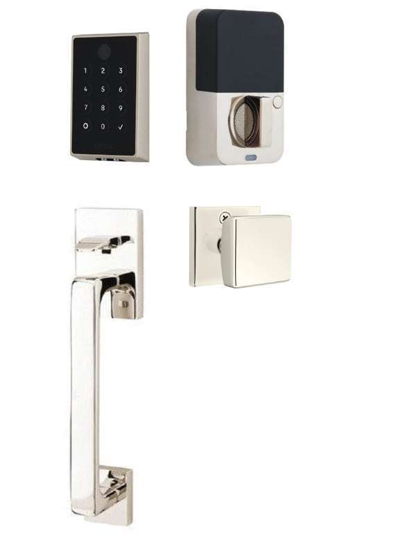 The Emtek EMPowered 2 Touch Entry Set with Baden Grip and Interior Square Knob in Lifetime Polished Nickel finish.