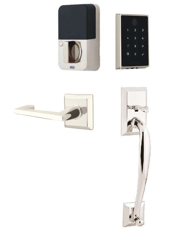 The Emtek EMPowered 2 Touch Entry Set with Franklin Grip and Interior Argos Lever in Lifetime Polished Nickel finish.