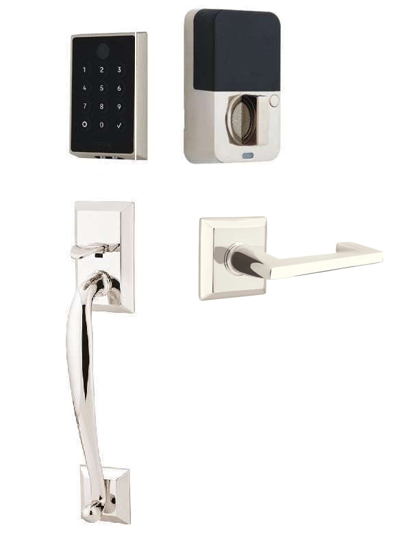 The Emtek EMPowered 2 Touch Entry Set with Franklin Grip and Interior Argos Lever in Lifetime Polished Nickel finish.