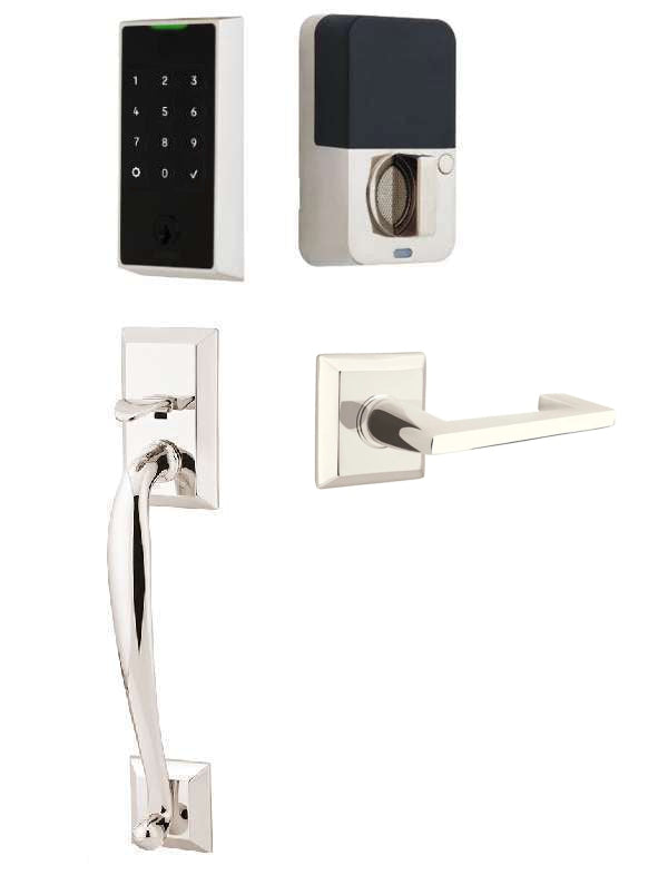 The Emtek EMPowered 2 Touch Entry Set with Franklin Grip and Interior Argos Lever in Lifetime Polished Nickel finish.
