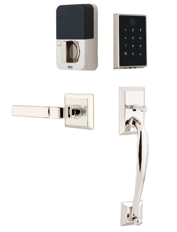 The Emtek EMPowered 2 Touch Entry Set with Franklin Grip and Interior Aston Lever in Lifetime Polished Nickel finish.