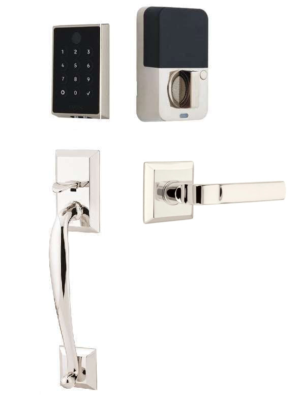 The Emtek EMPowered 2 Touch Entry Set with Franklin Grip and Interior Aston Lever in Lifetime Polished Nickel finish.
