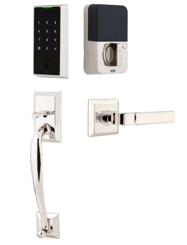 The Emtek EMPowered 2 Touch Entry Set with Franklin Grip and Interior Aston Lever in Lifetime Polished Nickel finish.