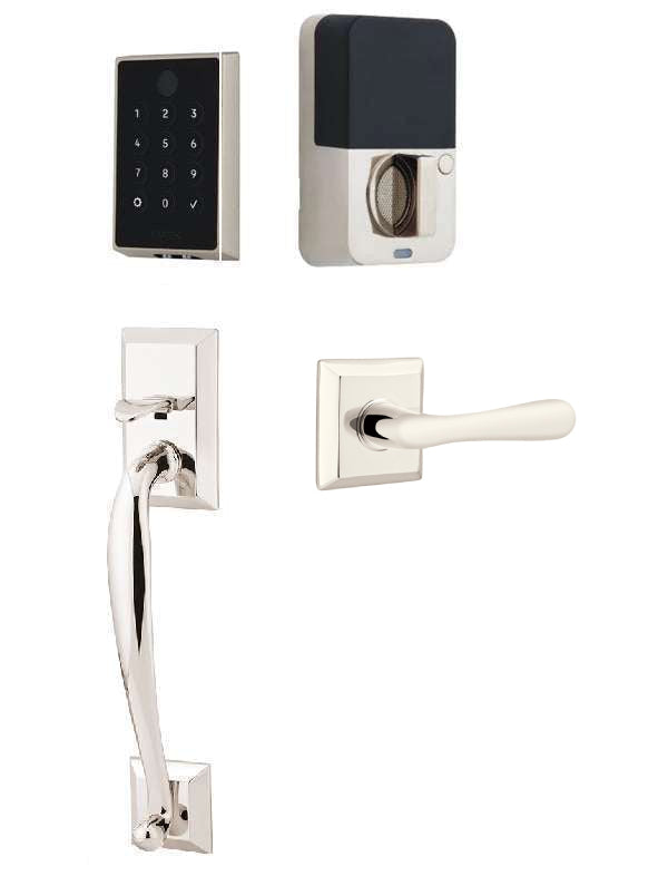 The Emtek EMPowered 2 Touch Entry Set with Franklin Grip and Interior Basel Lever in Lifetime Polished Nickel finish.