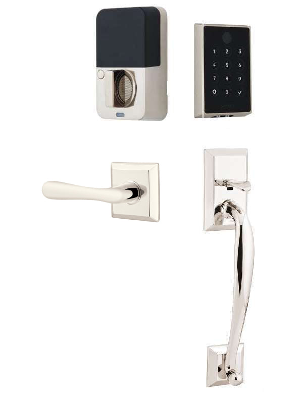 The Emtek EMPowered 2 Touch Entry Set with Franklin Grip and Interior Basel Lever in Lifetime Polished Nickel finish.