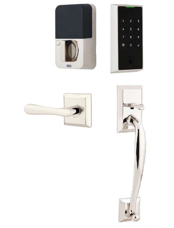The Emtek EMPowered 2 Touch Entry Set with Franklin Grip and Interior Basel Lever in Lifetime Polished Nickel finish.