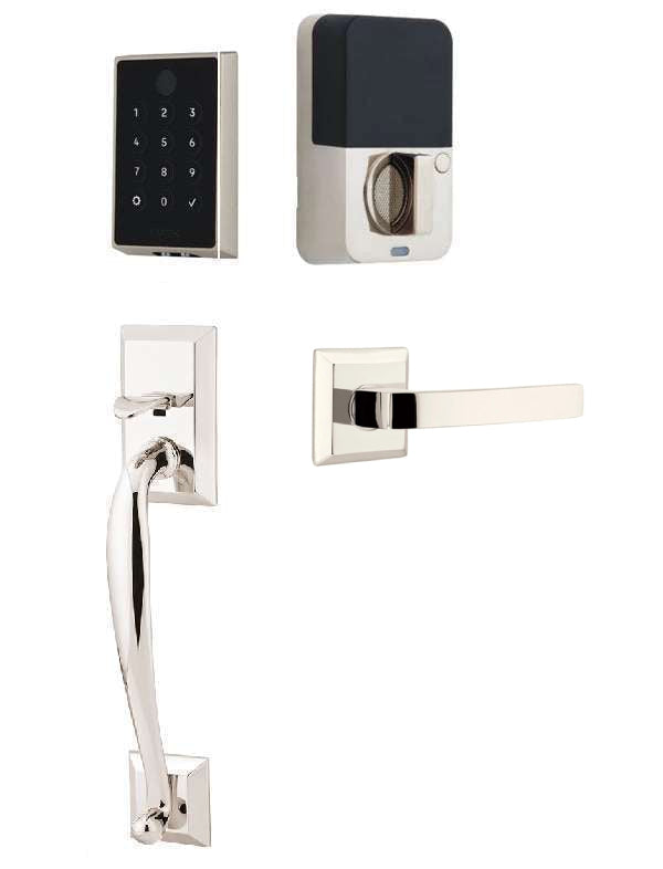 The Emtek EMPowered 2 Touch Entry Set with Franklin Grip and Interior Breslin Lever in Lifetime Polished Nickel finish.