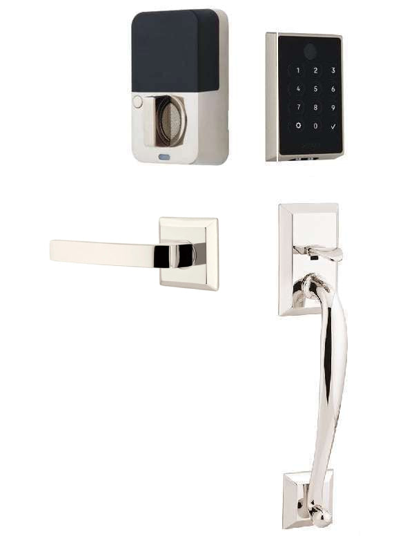 The Emtek EMPowered 2 Touch Entry Set with Franklin Grip and Interior Breslin Lever in Lifetime Polished Nickel finish.