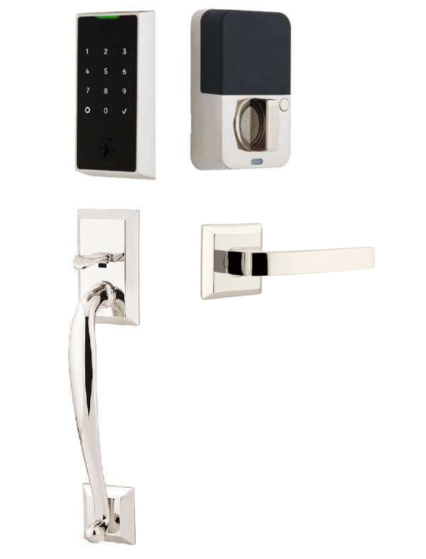The Emtek EMPowered 2 Touch Entry Set with Franklin Grip and Interior Breslin Lever in Lifetime Polished Nickel finish.