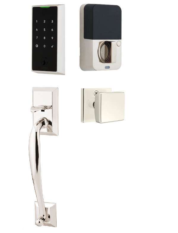 The Emtek EMPowered 2 Touch Entry Set with Franklin Grip and Interior Square Knob in Lifetime Polished Nickel finish.