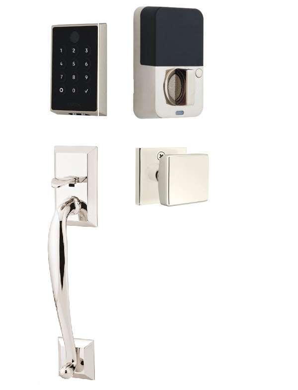 The Emtek EMPowered 2 Touch Entry Set with Franklin Grip and Interior Square Knob in Lifetime Polished Nickel finish.