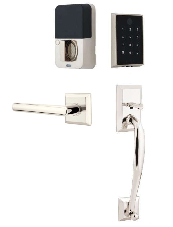 The Emtek EMPowered 2 Touch Entry Set with Franklin Grip and Interior Stuttgart Lever in Lifetime Polished Nickel finish.