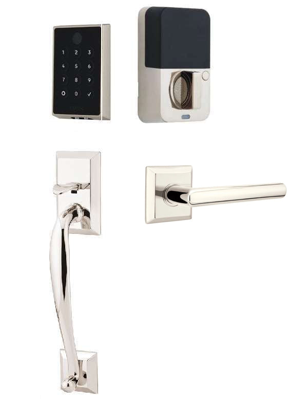 The Emtek EMPowered 2 Touch Entry Set with Franklin Grip and Interior Stuttgart Lever in Lifetime Polished Nickel finish.