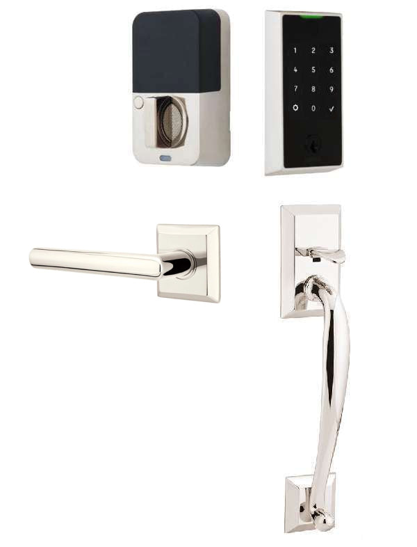 The Emtek EMPowered 2 Touch Entry Set with Franklin Grip and Interior Stuttgart Lever in Lifetime Polished Nickel finish.