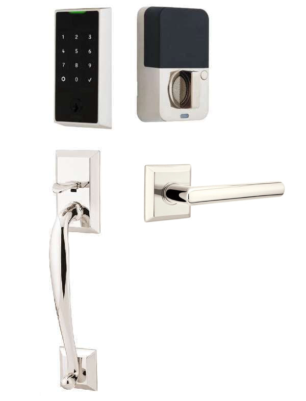 The Emtek EMPowered 2 Touch Entry Set with Franklin Grip and Interior Stuttgart Lever in Lifetime Polished Nickel finish.