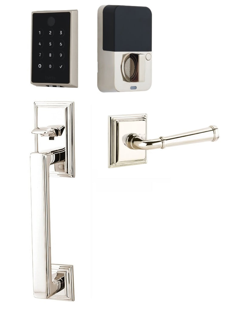 The Emtek EMPowered 2 Touch Entry Set with Hamden Grip and Interior Merrimack Lever in Lifetime Polished Nickel finish.